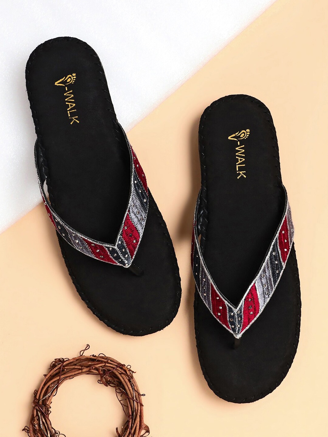 

V-WALK Embroidered Open Toe Flats, Black