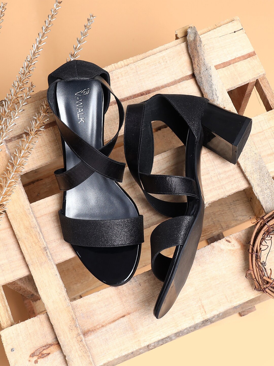 

V-WALK Shimmered Cross Strap Party Block Heels, Black