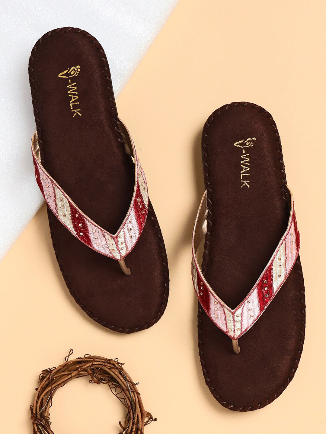 

V-WALK Embroidered Open Toe Flats, Pink