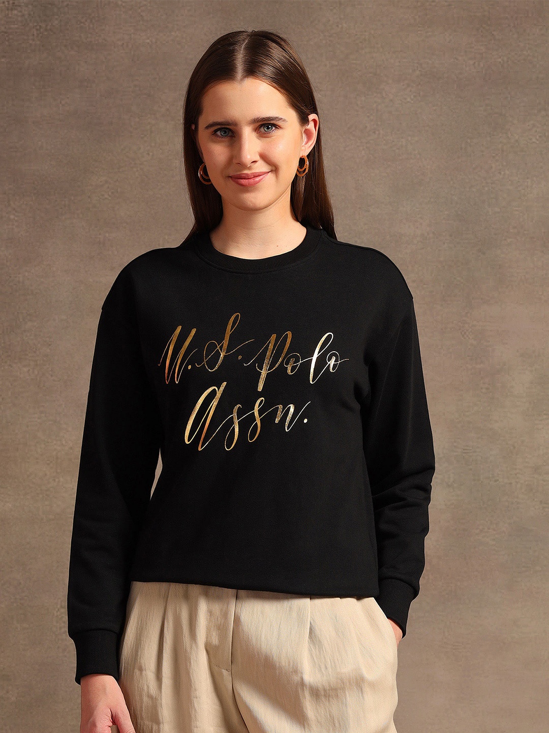 U.S. Polo Assn. Women Typography Printed Pullover Sweatshirt, Black