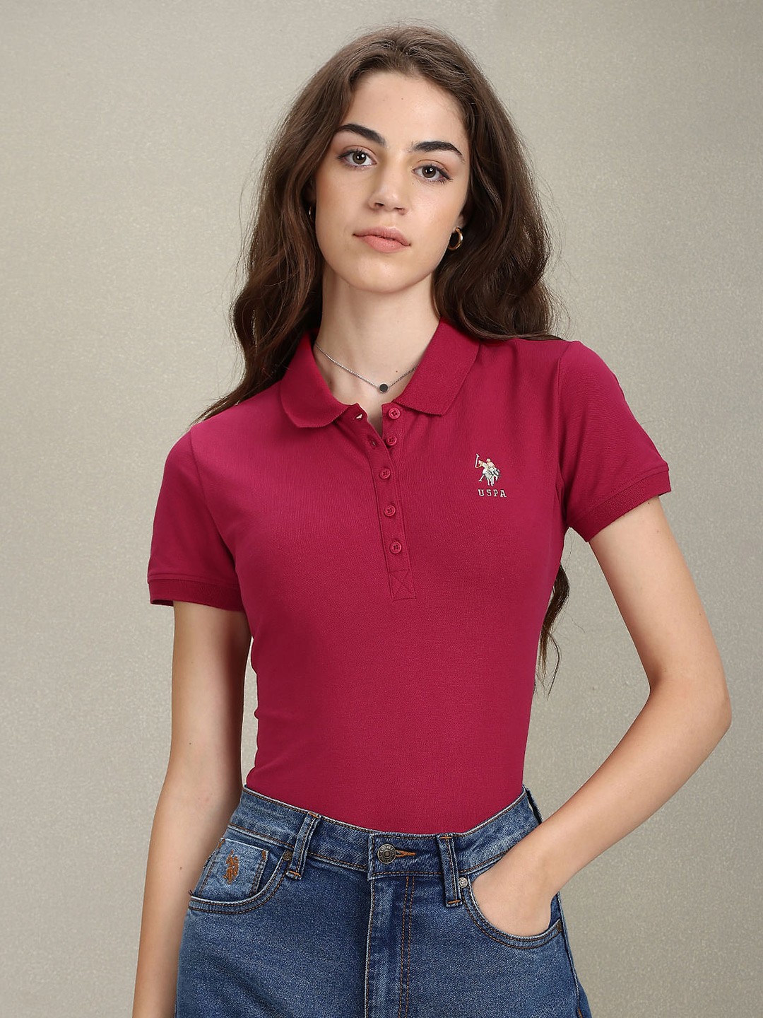 

U.S. Polo Assn. Women Polo Collar Slim Fit Cotton Casual T-shirt, Fuchsia