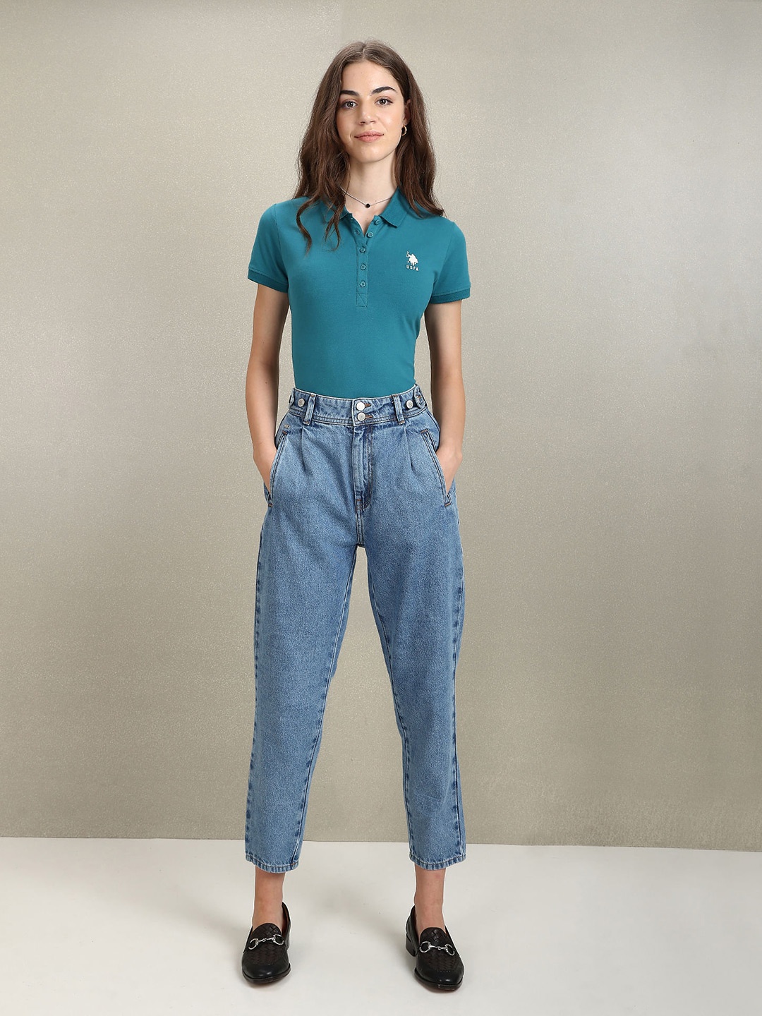 

U.S. Polo Assn. Women Polo Collar Slim Fit Cotton T-shirt, Teal