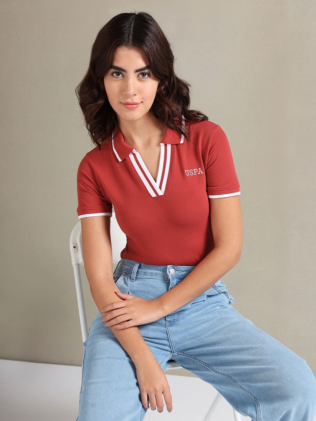 

U.S. Polo Assn. Women Polo Collar Slim Fit Cotton T-shirt, Red