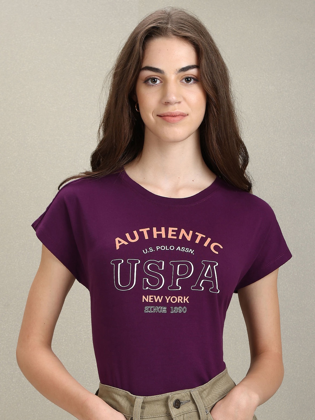 

U.S. Polo Assn. Women Typography Printed Slim Fit Cotton T-shirt, Purple