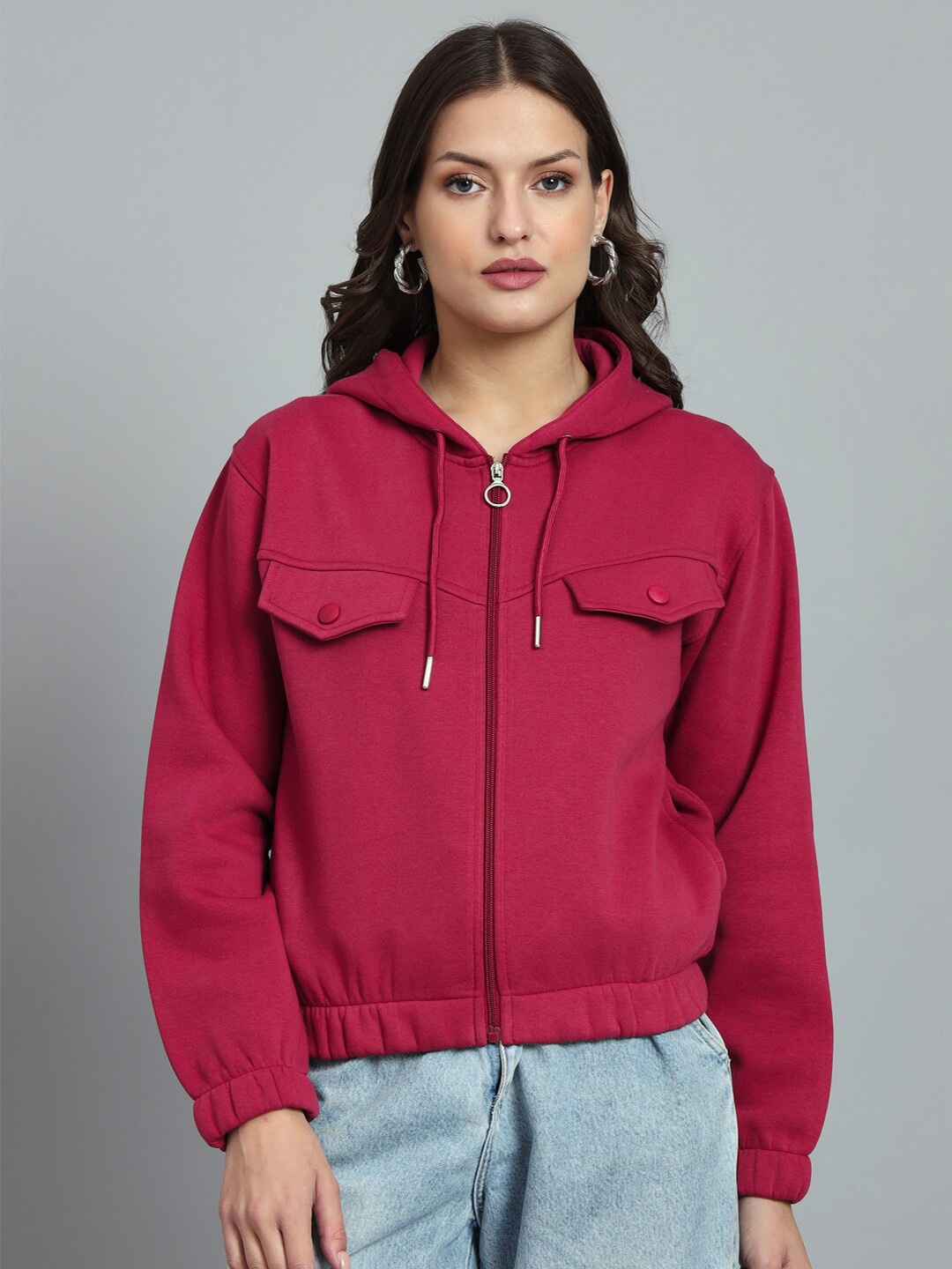 

ANTI CULTURE Hooded Front-Open Fleece Sweatshirt, Red