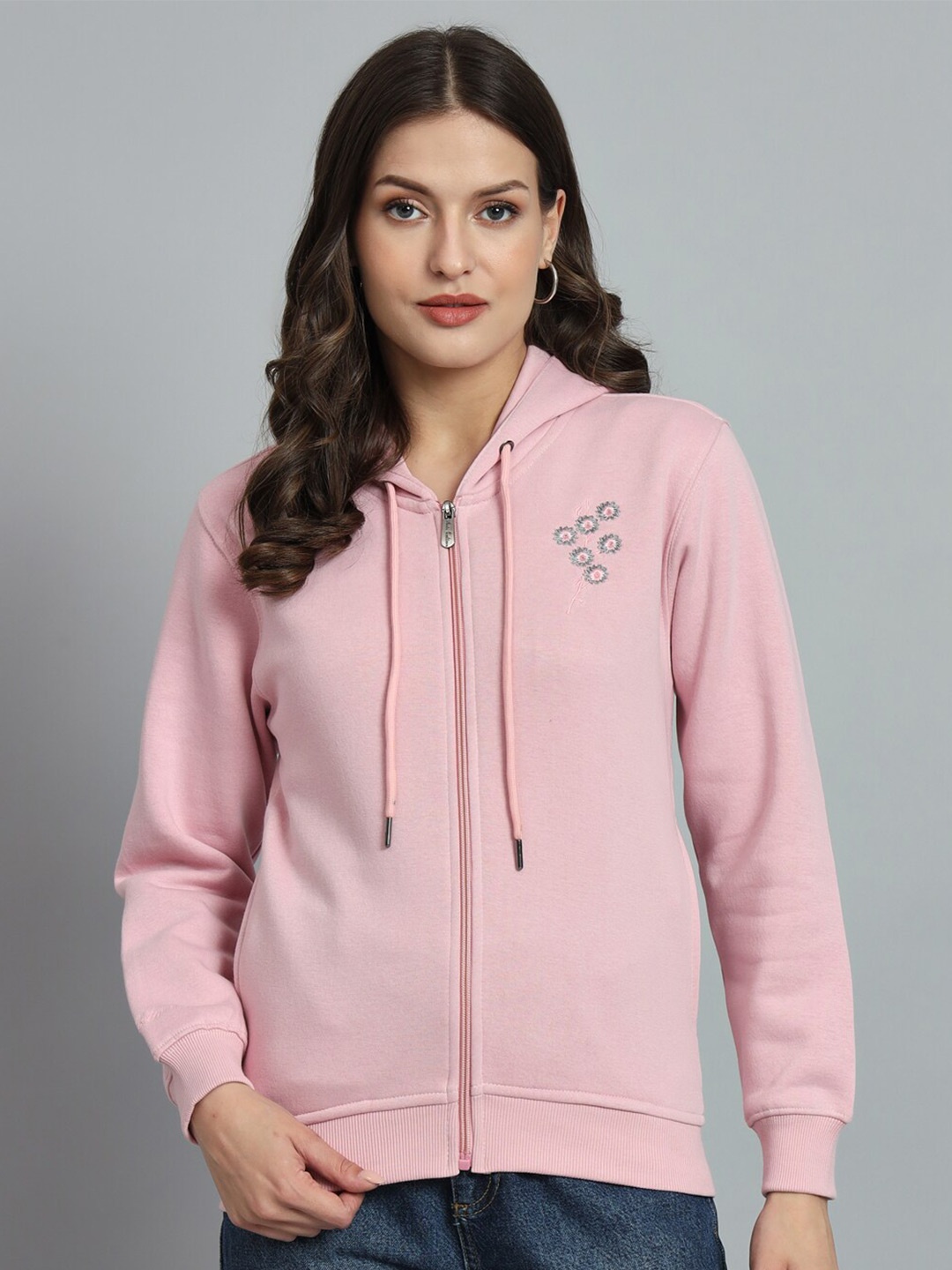 

ANTI CULTURE Embroiderded Hooded Front Open Sweatshirt, Pink