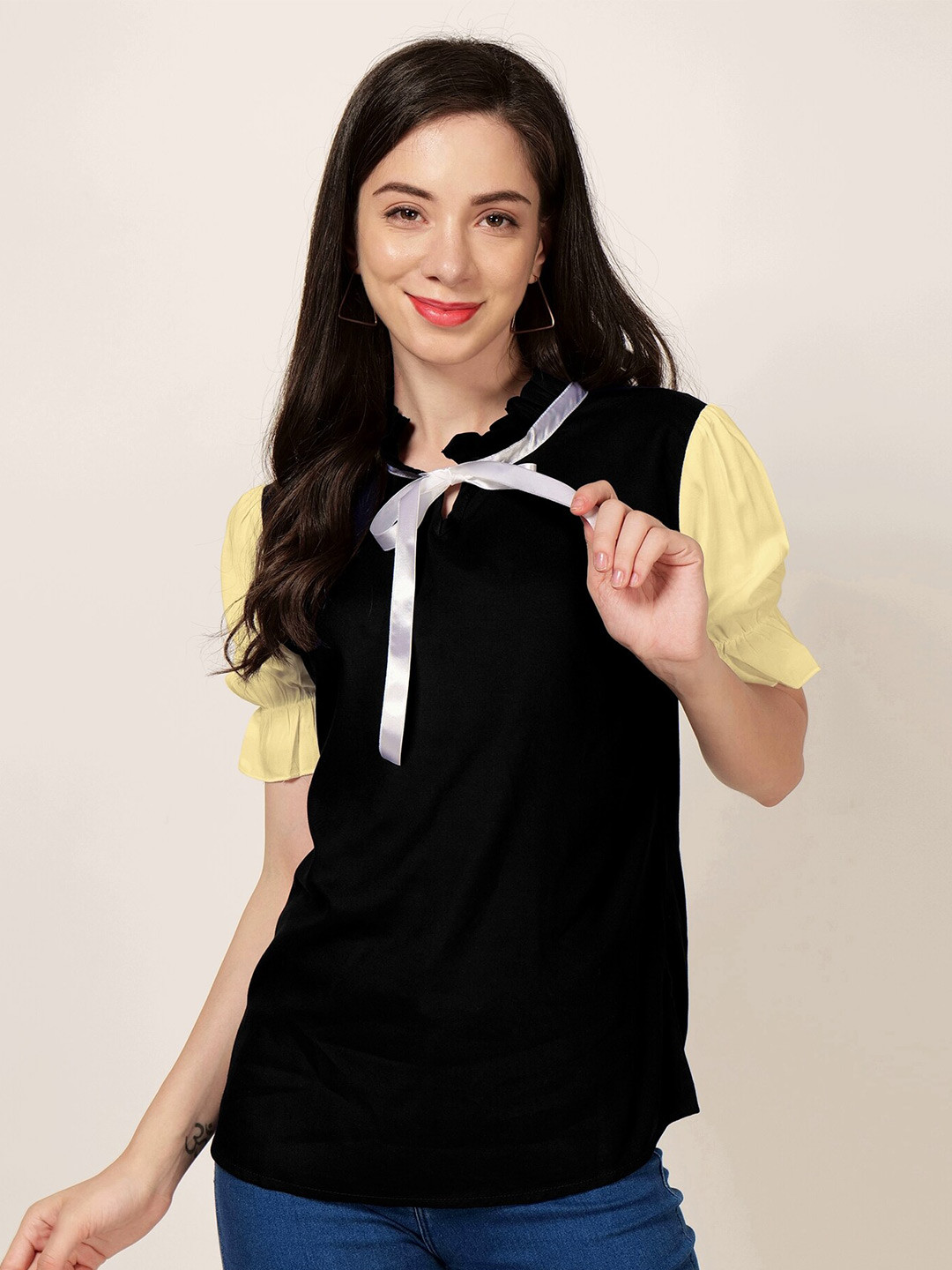 

PATRORNA Tie-Up Neck Puff Sleeves Top, Black