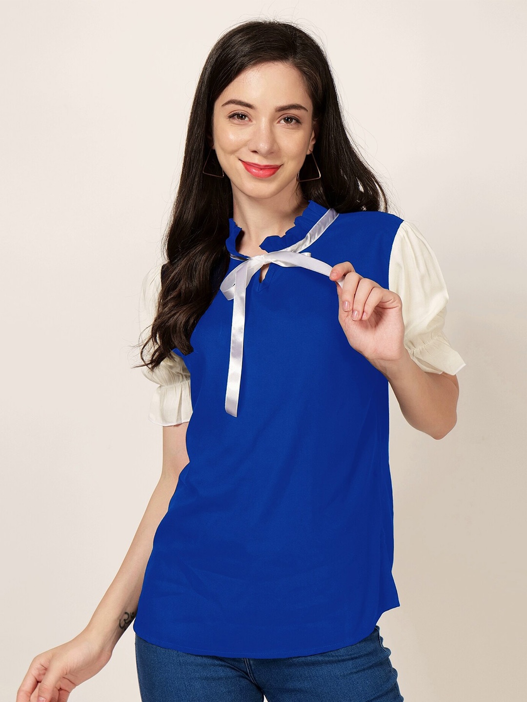 

PATRORNA Tie-Up Neck Puff Sleeves Ruffles Top, Blue