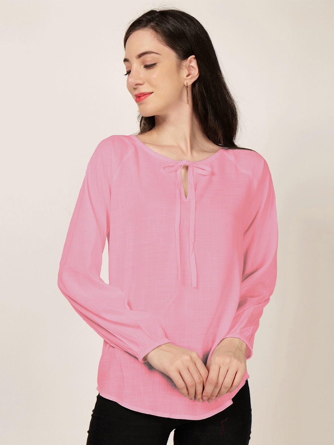 

PATRORNA Tie-Up Neck Puff Sleeves Top, Pink