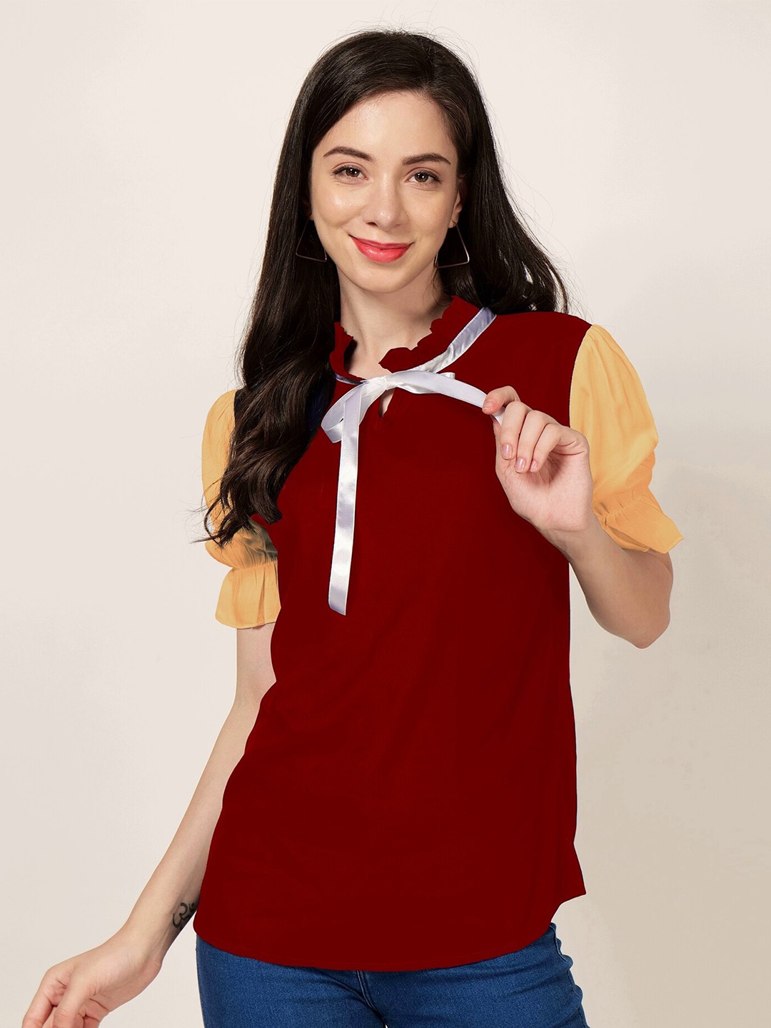 

PATRORNA Tie-Up Neck Puff Sleeves Cotton Top, Maroon