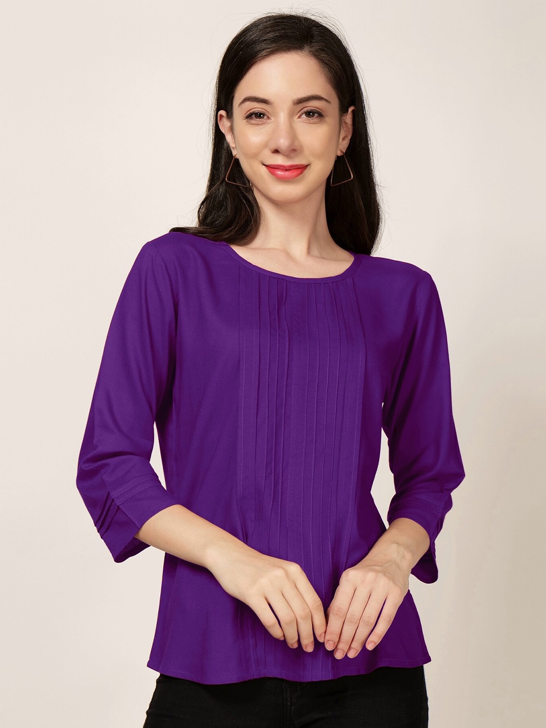 

PATRORNA Round Neck Space Tucks Cotton Top, Purple