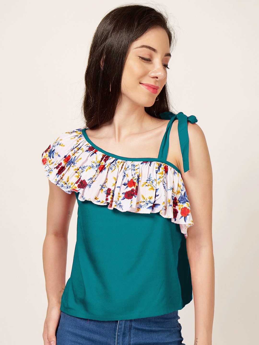 

PATRORNA Floral Printed One Shoulder Ruffle Cotton Top, Green