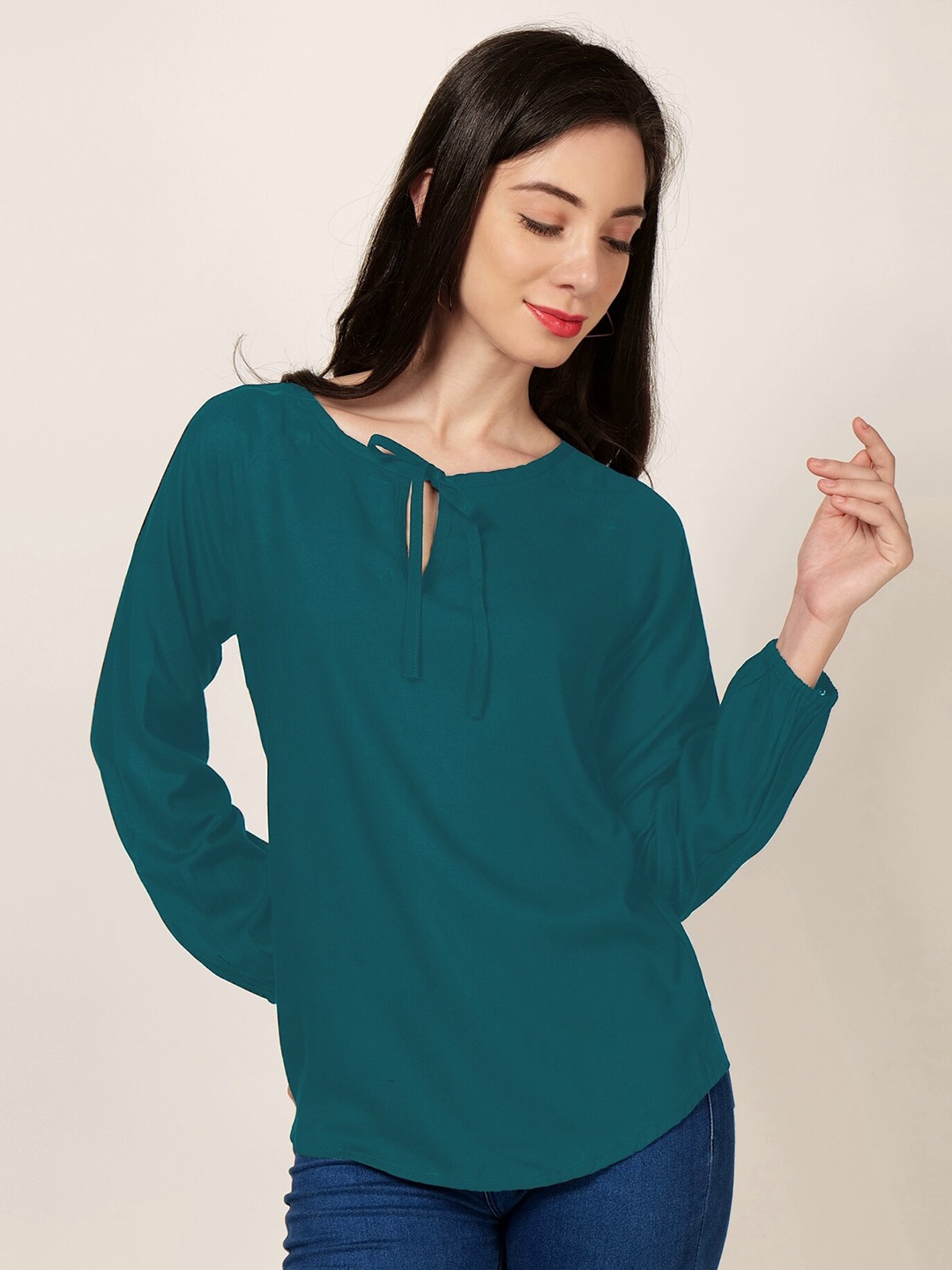 

PATRORNA Tie-Up Neck Raglan Sleeves Top, Green