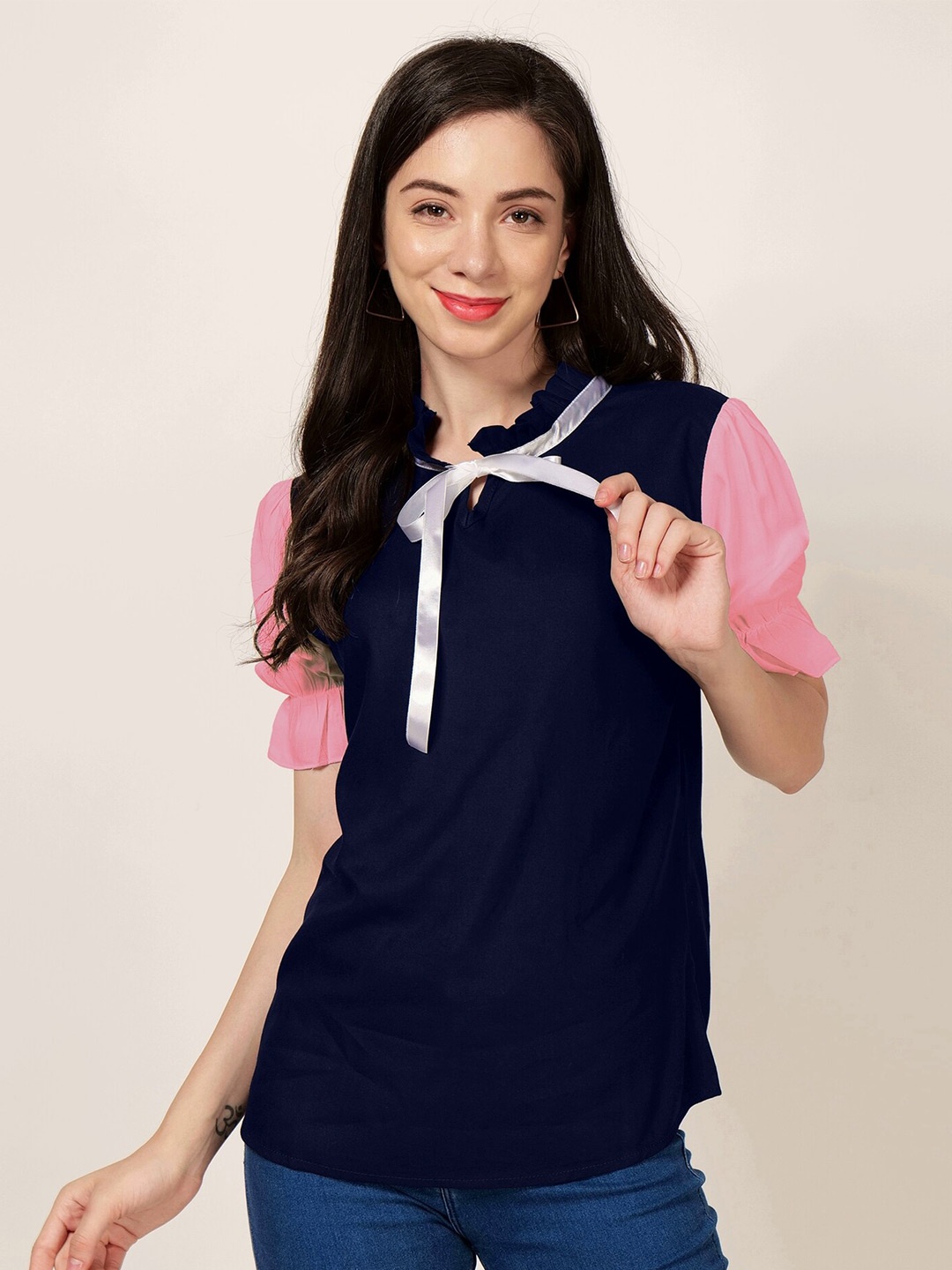 

PATRORNA Tie-Up Neck Puff Sleeves Top, Pink