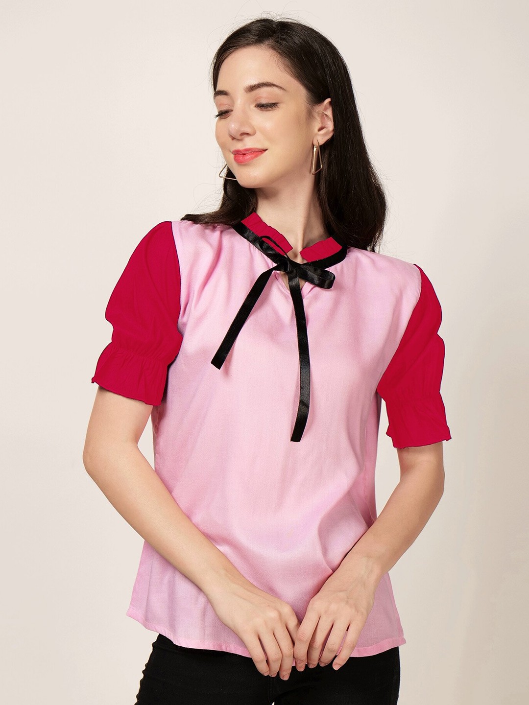 

PATRORNA Tie-Up Neck Ruffled Puff Sleeves Top, Pink
