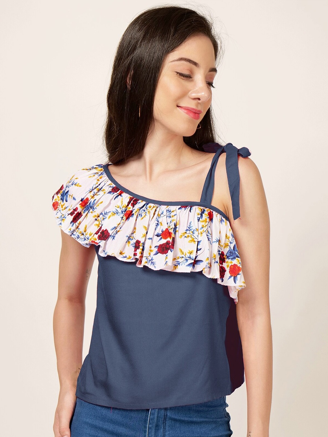 

PATRORNA Floral Printed One Shoulder Ruffles Cotton Top, Teal