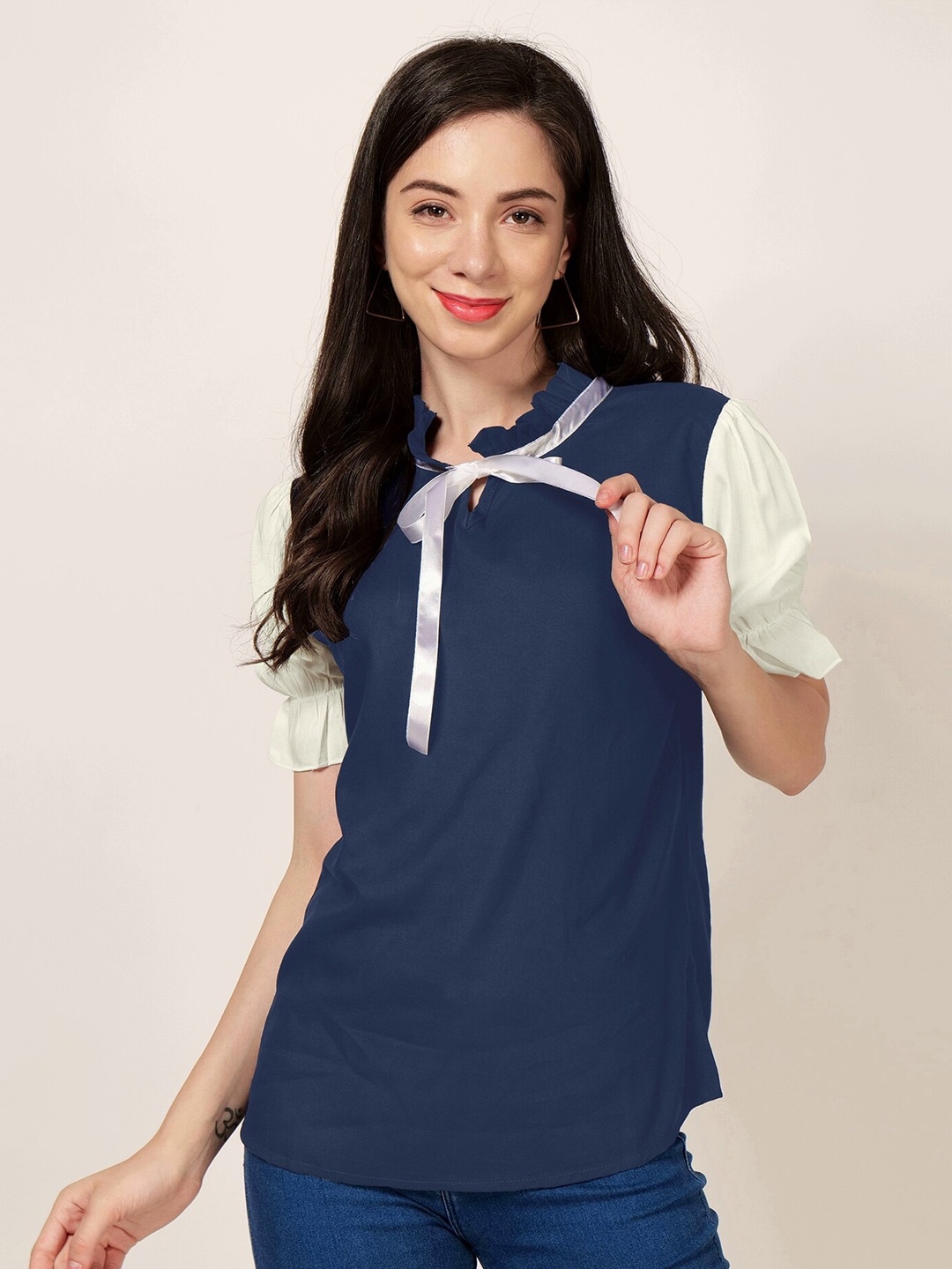 

PATRORNA Colourblocked Tie-Up Neck Puffed Sleeves Top, Navy blue