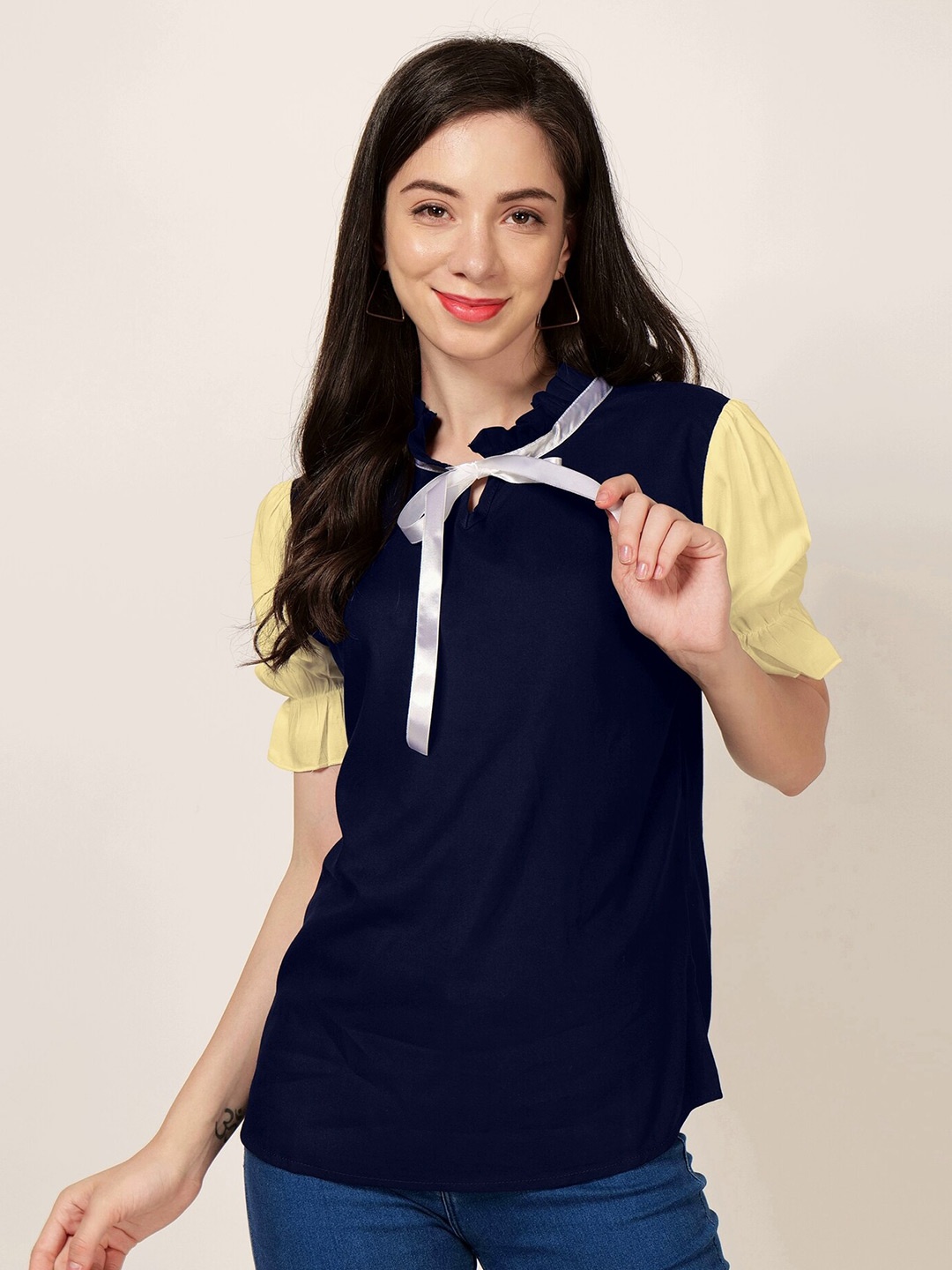 

PATRORNA Colourblocked Tie-Up Neck Puff Sleeves Top, Navy blue