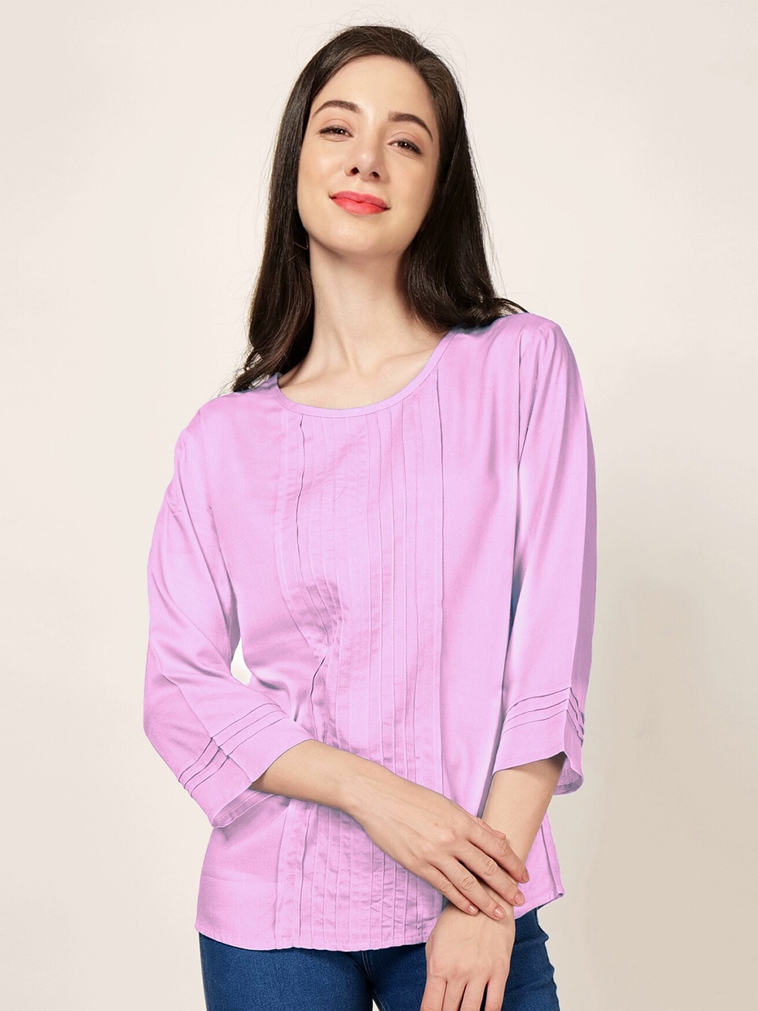 

PATRORNA Round Neck Pleated Top, Pink