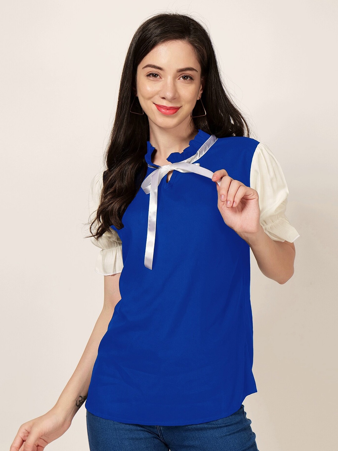 

PATRORNA Tie-Up Neck Puff Sleeves Ruffles Top, Blue
