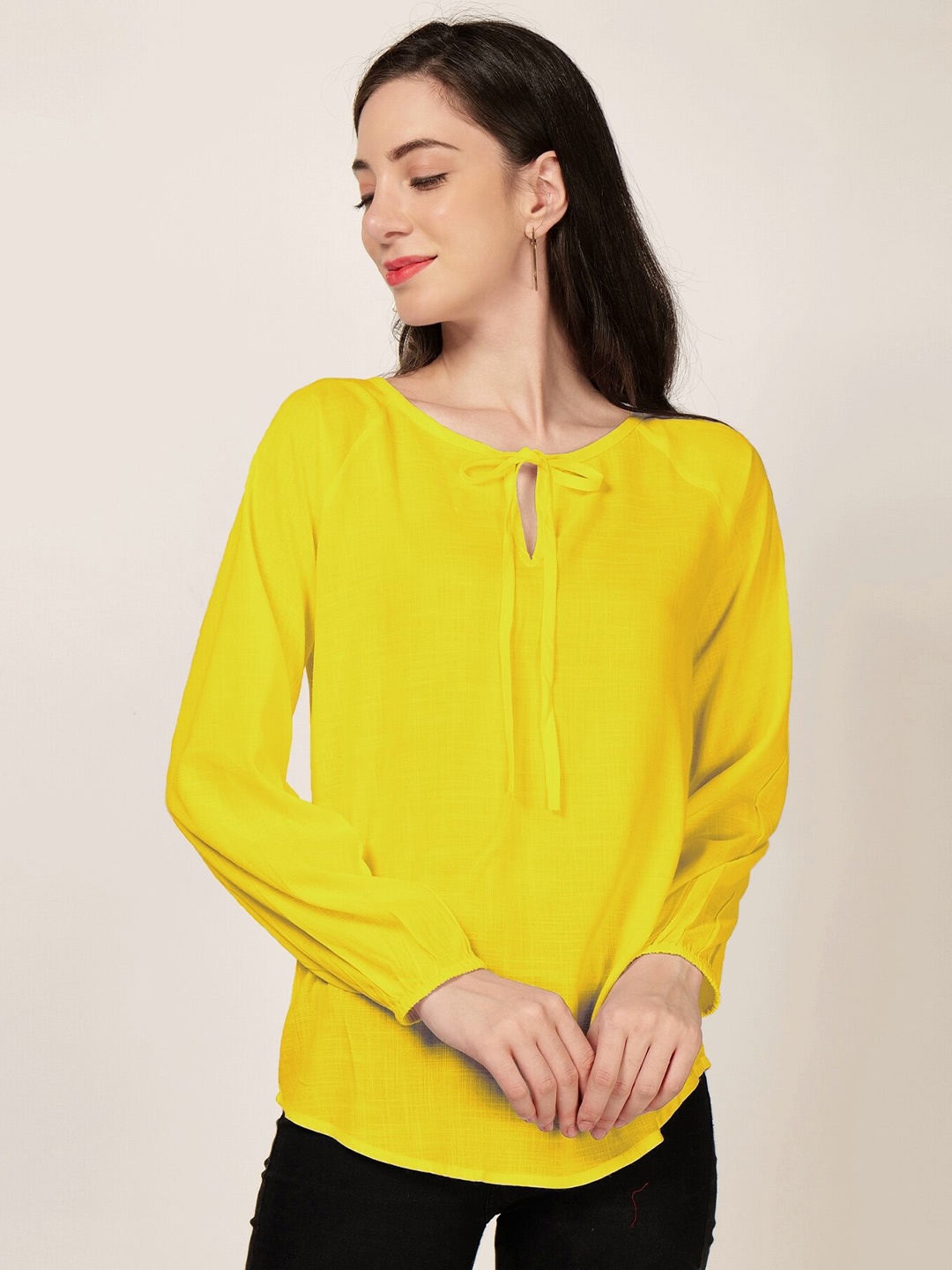 

PATRORNA Cotton Blend Tie-Up Neck Top, Mustard