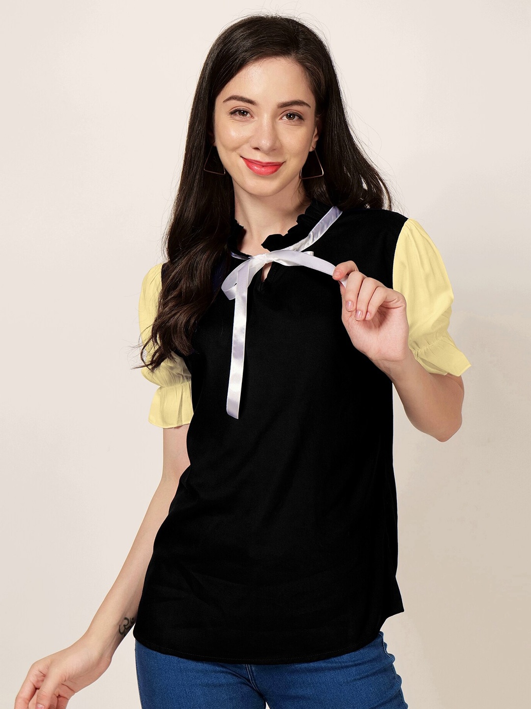 

PATRORNA Tie-Up Neck Puff Sleeves Cotton Top, Black
