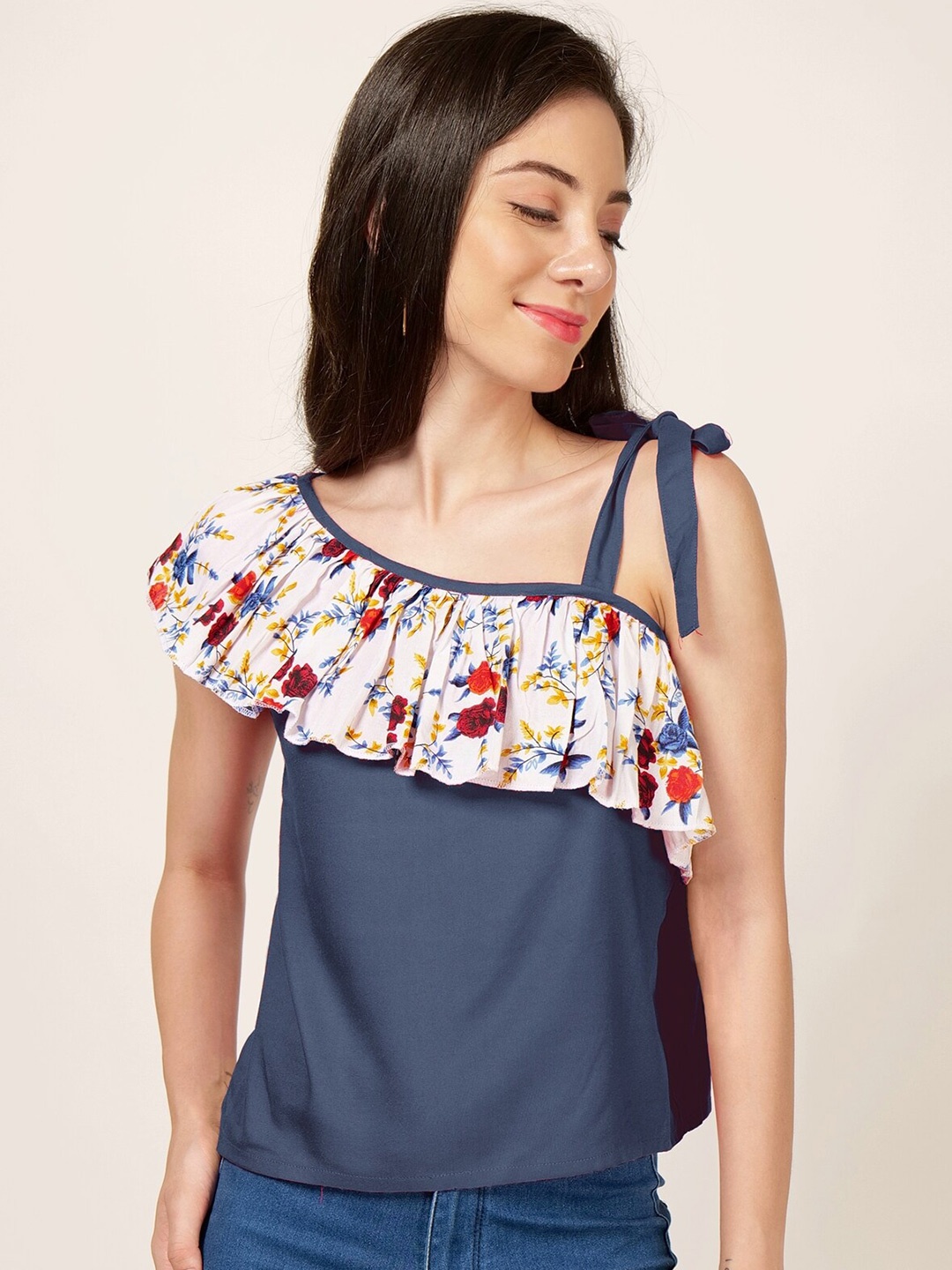 

PATRORNA Floral Printed One Shoulder Ruffle Cotton Top, Grey