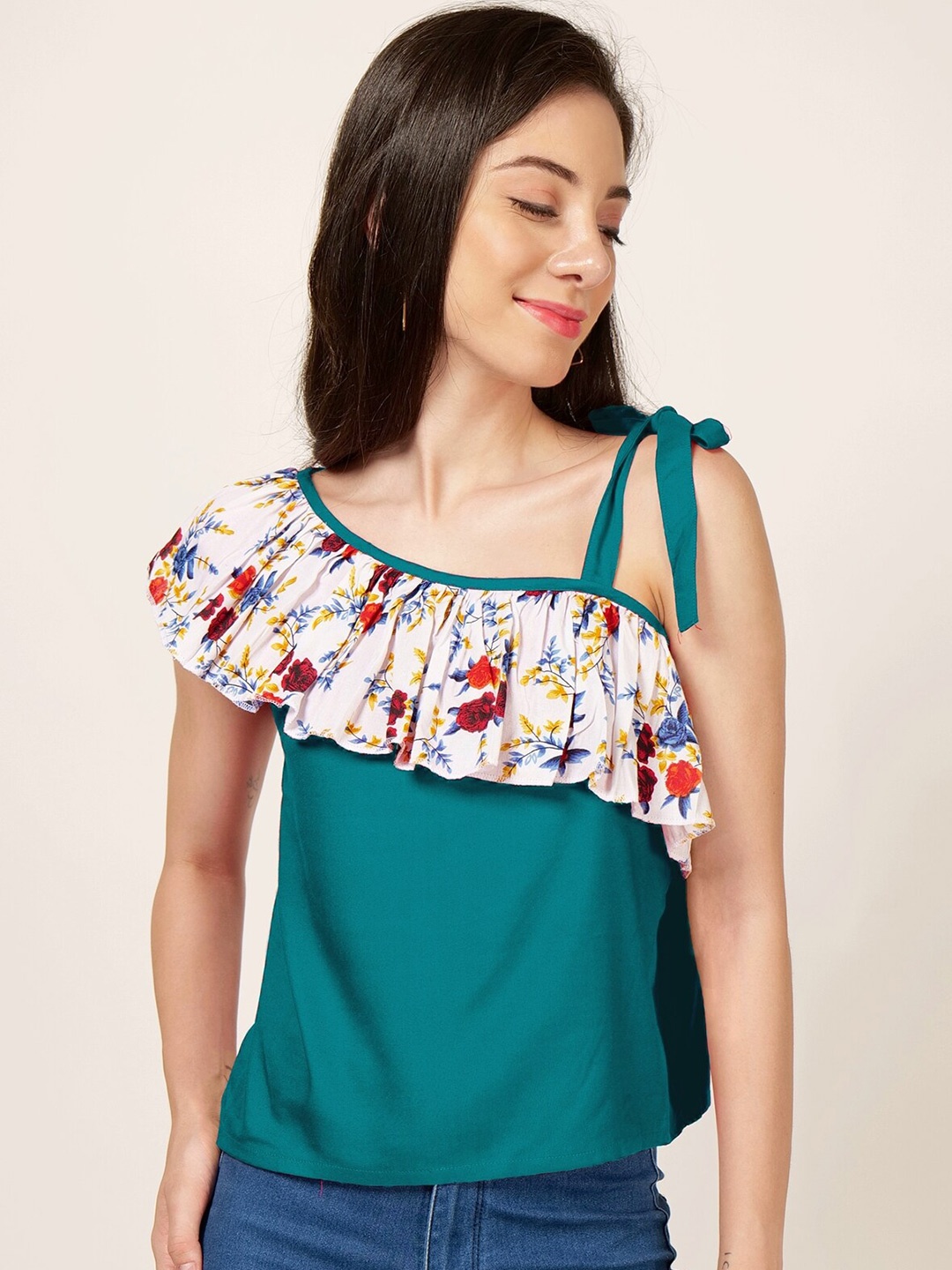 

PATRORNA Floral Printed One Shoulder Ruffle Cotton Top, Green