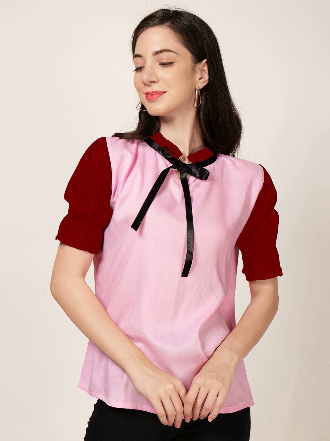 

PATRORNA Tie-Up Neck Puff Sleeves Ruffles Top, Pink