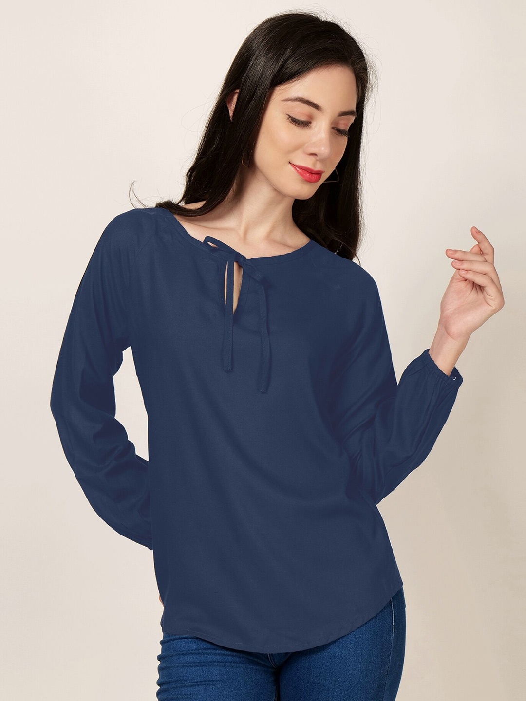 

PATRORNA Tie-Up Neck Raglan Sleeves Top, Navy blue