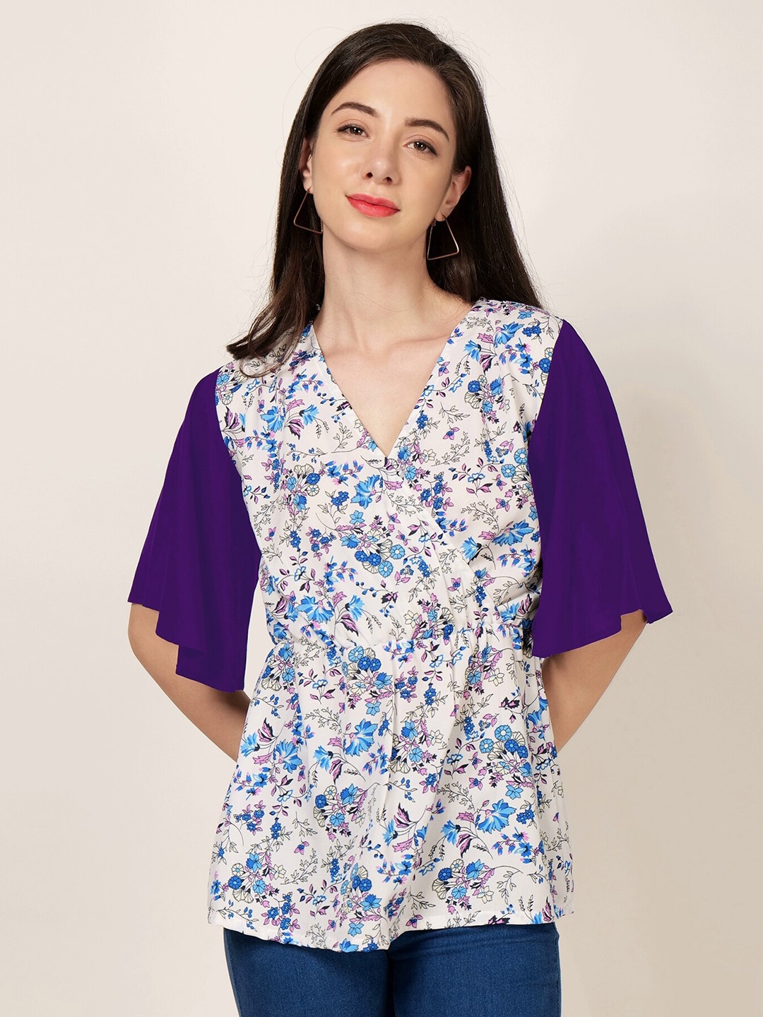 

PATRORNA Floral Printed Flared Sleeves Wrap Top, White