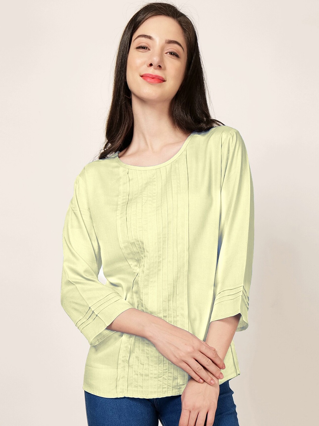 

PATRORNA Pleated Round Neck Top, Beige