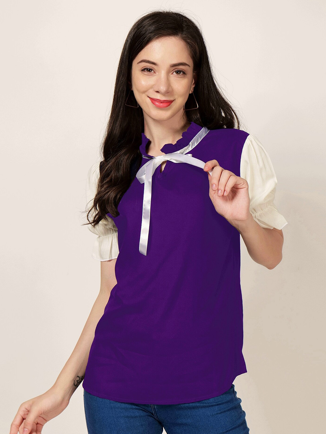 

PATRORNA Tie-Up Neck Puff Sleeves Cotton Top, White