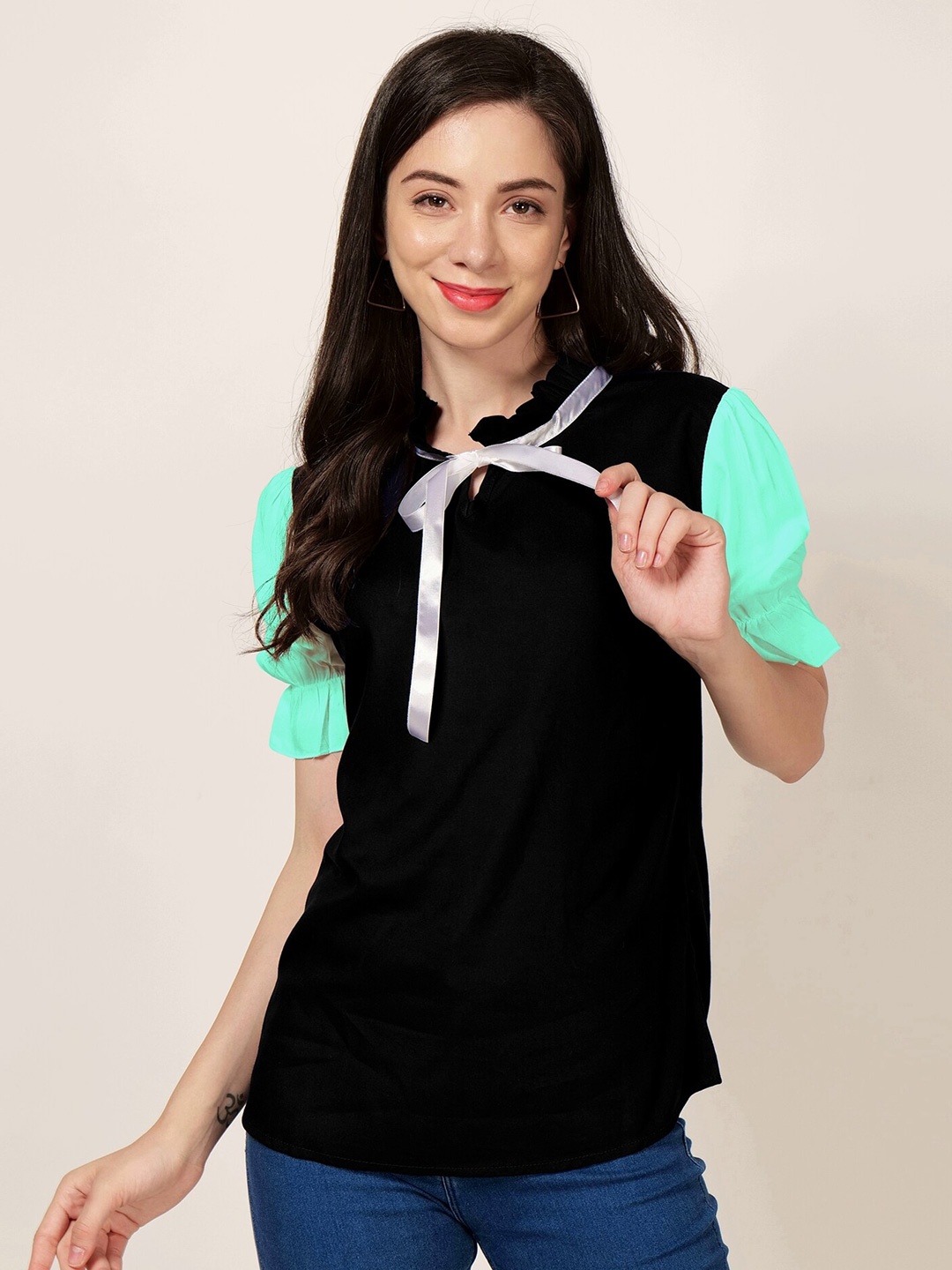 

PATRORNA Tie-Up Neck Puff Sleeves Top, Teal