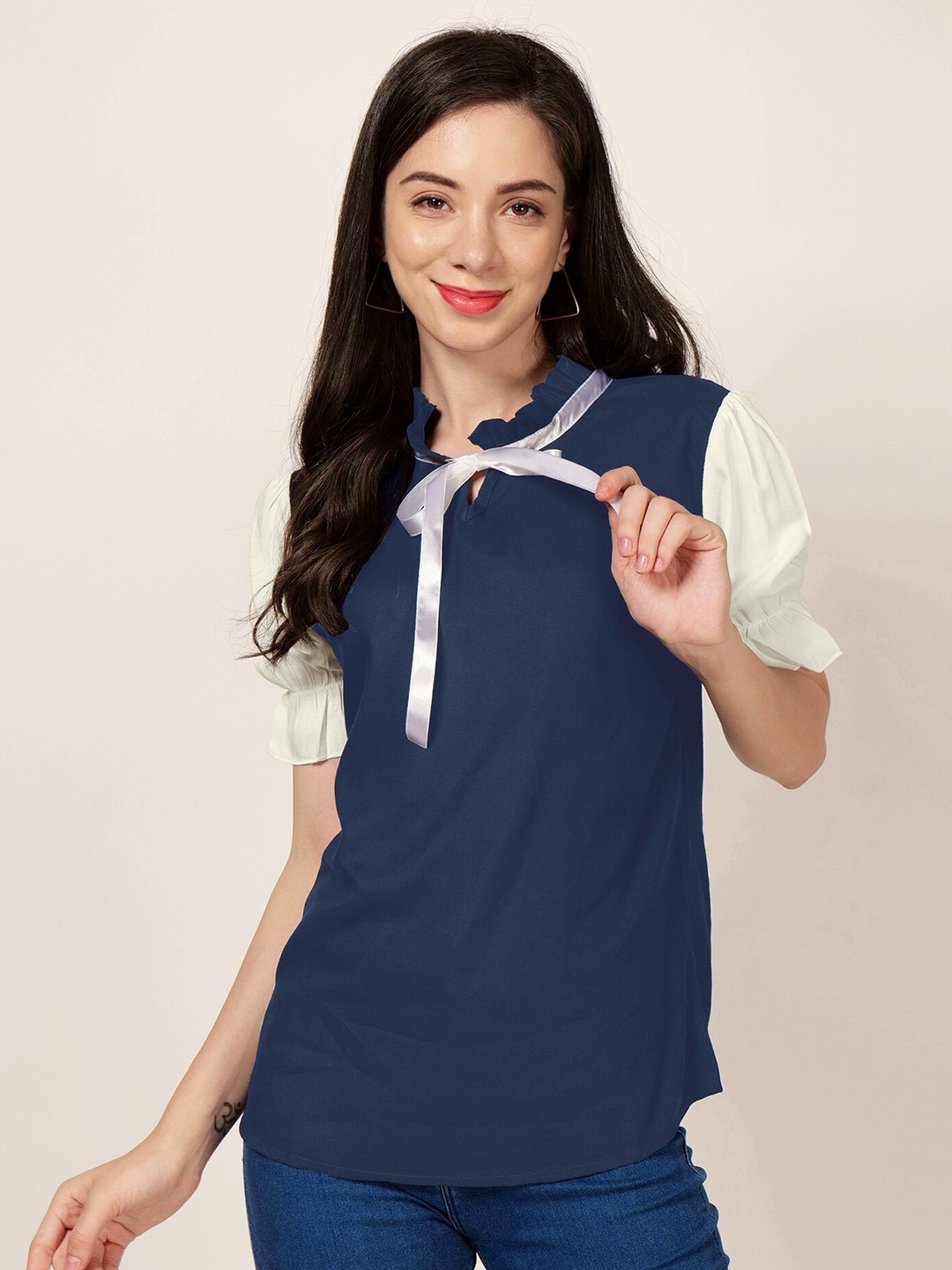 

PATRORNA Tie-Up Neck Ruffled Puff Sleeves Top, Navy blue