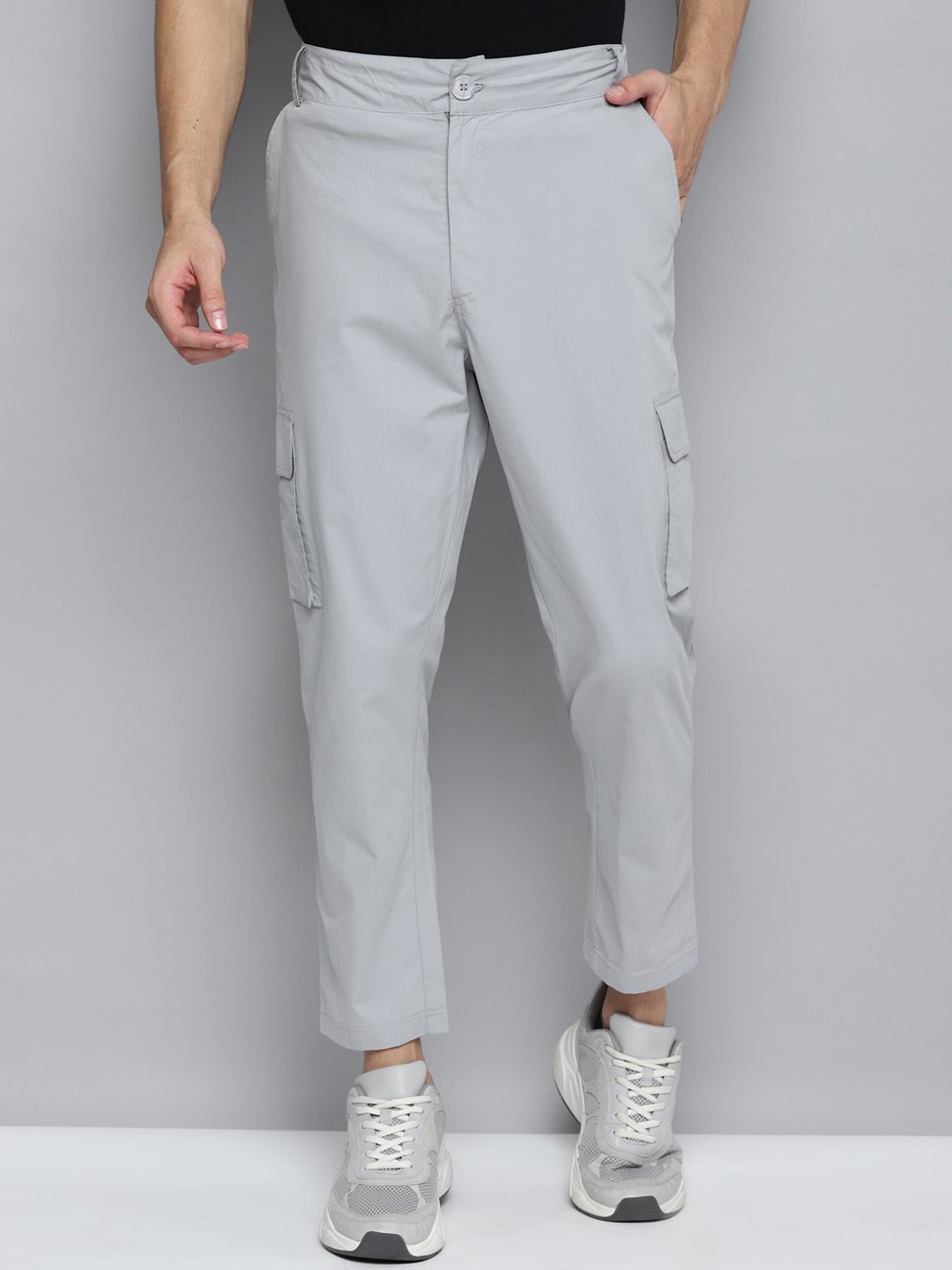 

Kook N Keech Men Regular Fit Mid-Rise Plain Woven Flat-Front Cotton Cargo, Grey