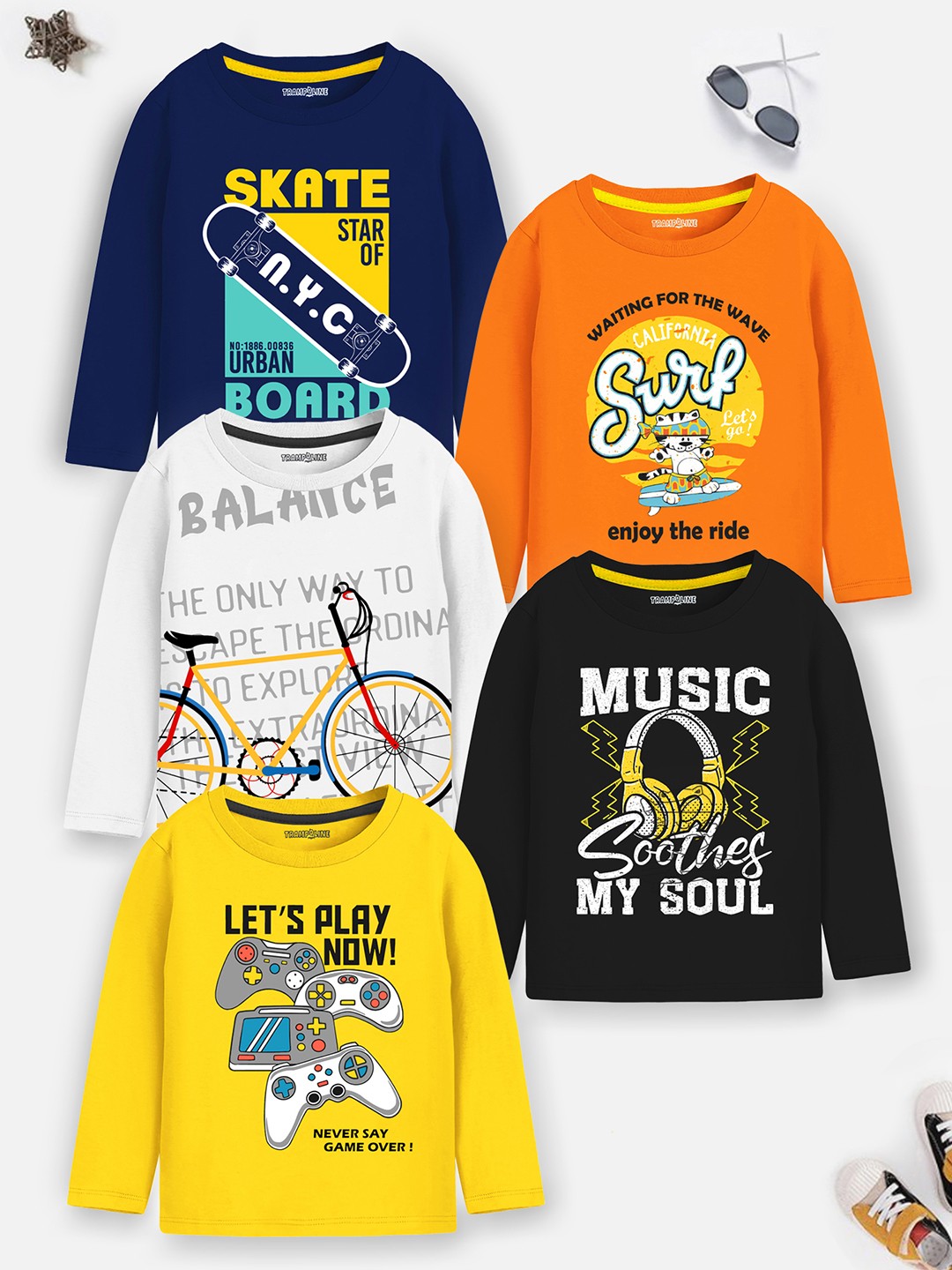

Trampoline Boys Pack Of 5 Typography Printed T-shirts, Navy blue