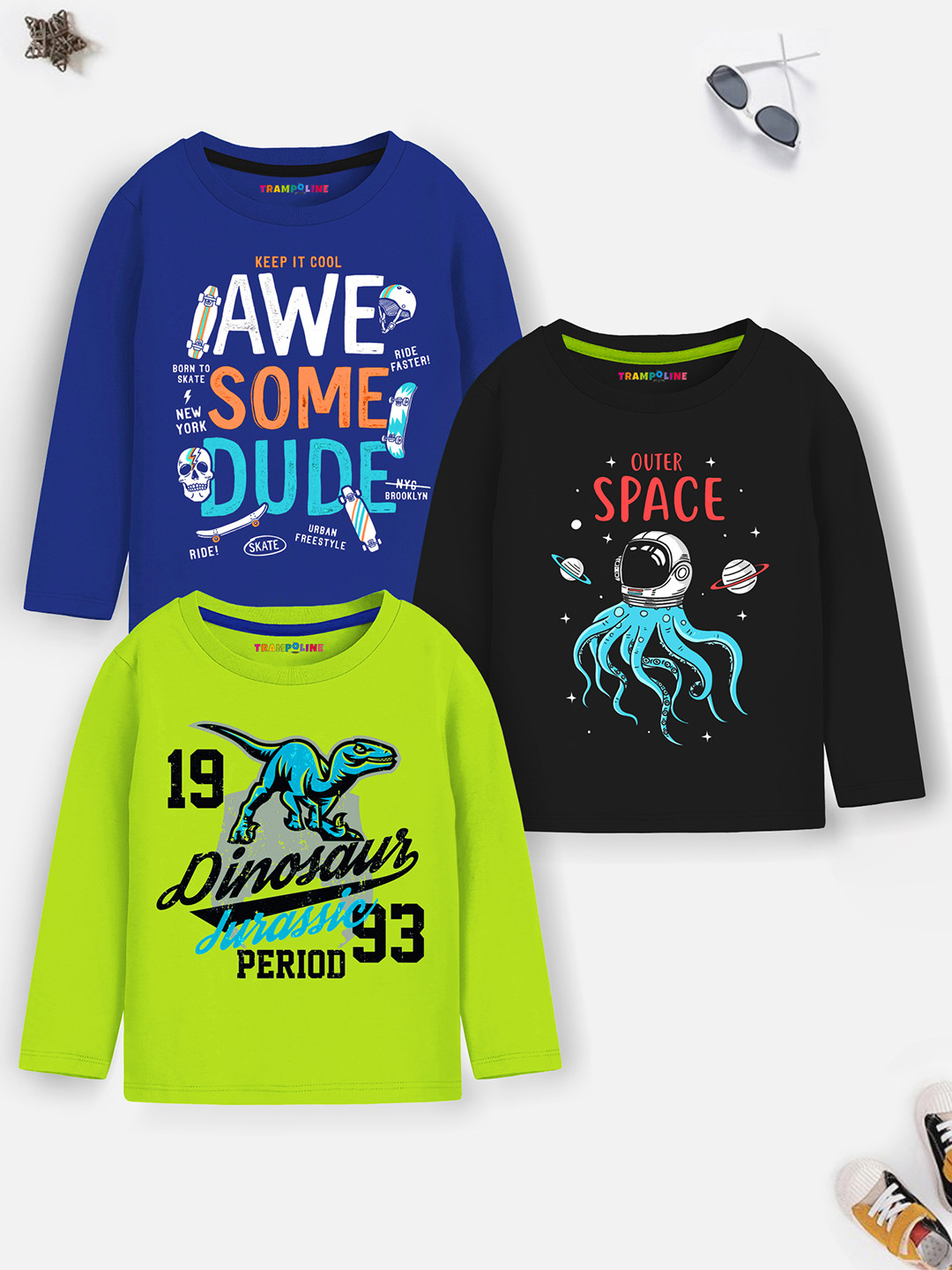 

Trampoline Boys Pack Of 3 Printed Round Neck Cotton Regular T-shirts, Blue