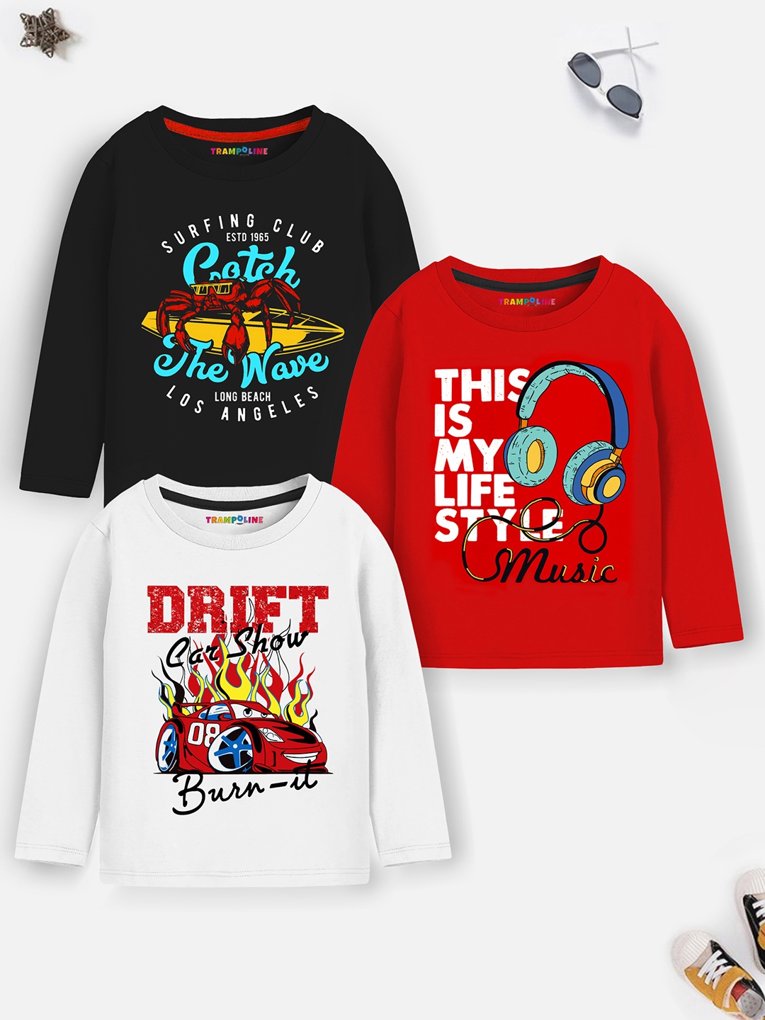 

Trampoline Boys Pack of 3 Typography Printed Cotton T-shirt, Red