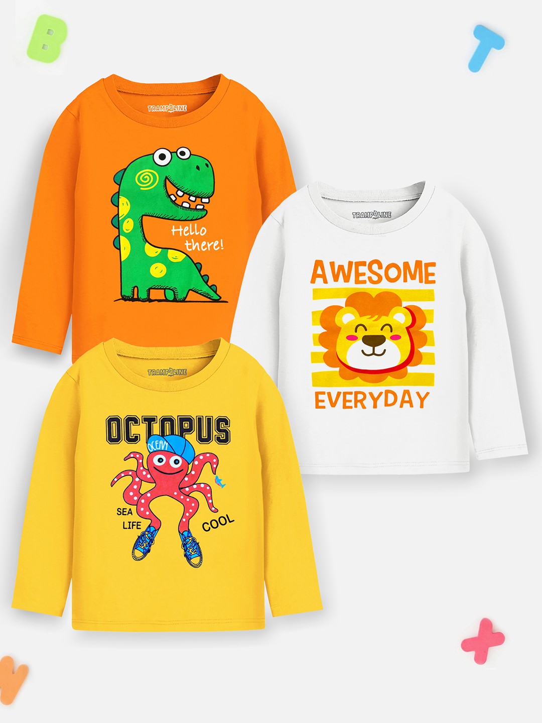 

Trampoline Pack Of 3 Kids Printed Cotton Casual T-shirt, Yellow