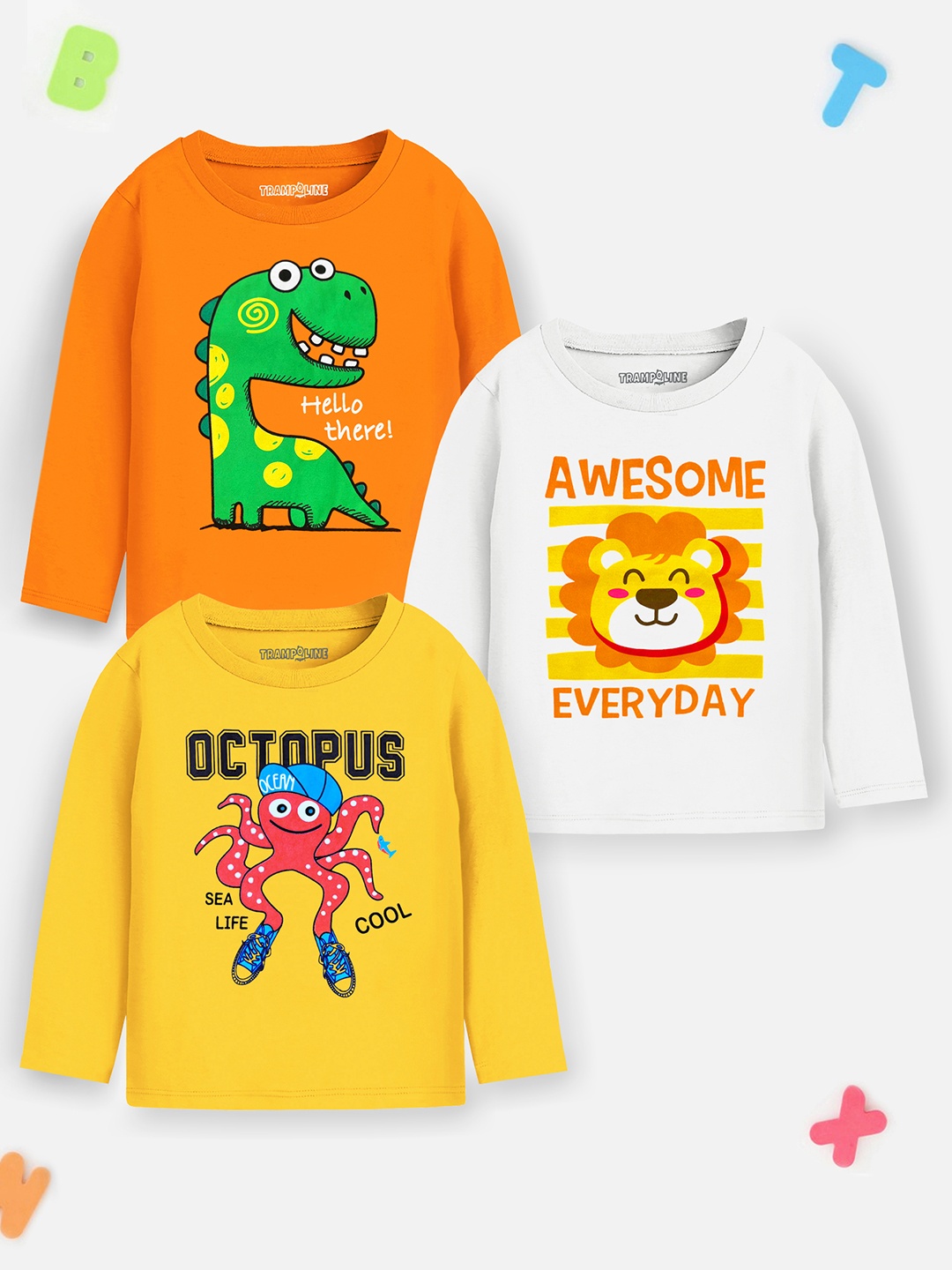 

Trampoline Kids Pack of 3 Graphic Printed Cotton T-shirt, Orange