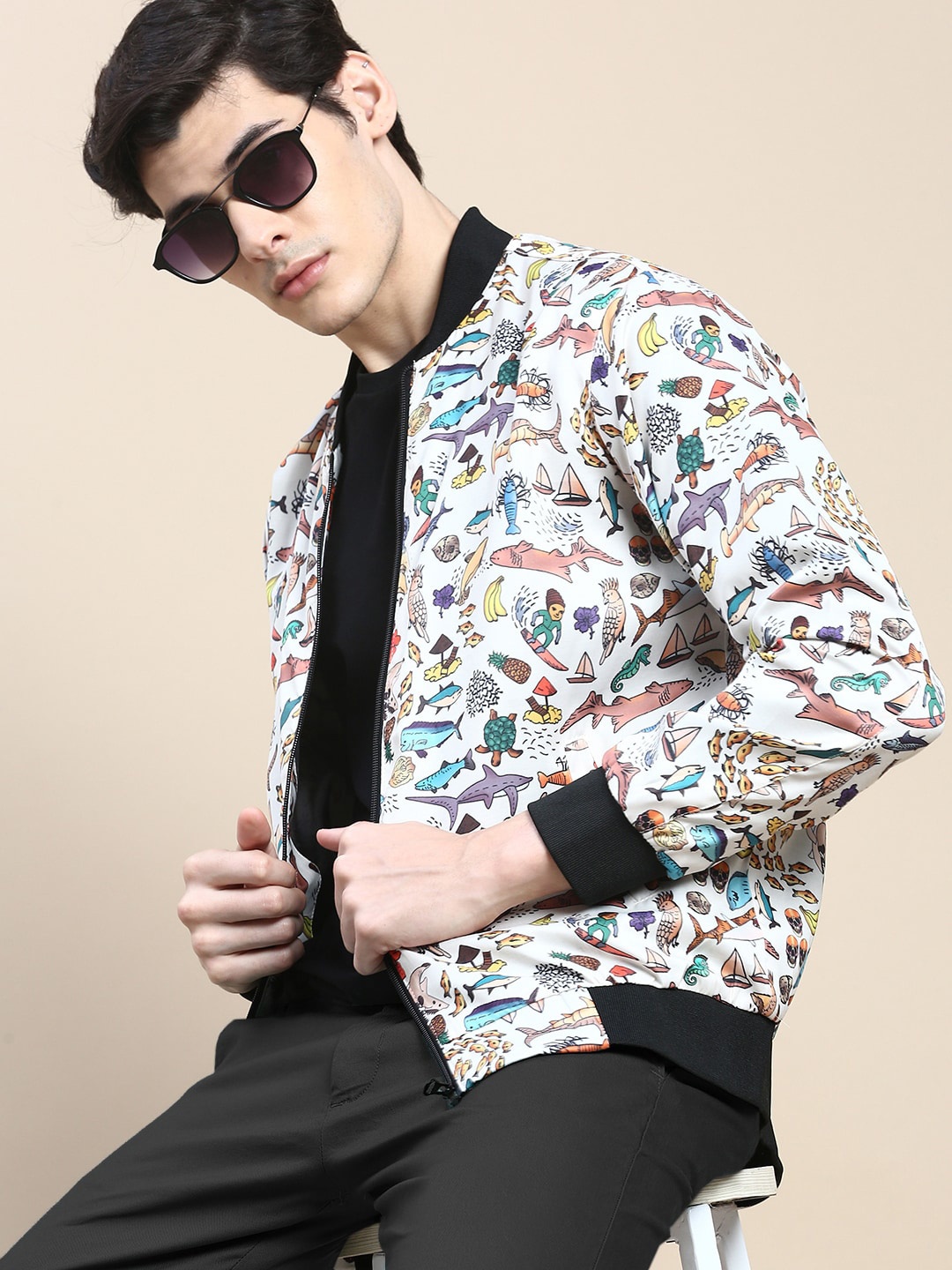 

SHOWOFF Conversational Printed Windcheater & Water Resistant Bomber Jacket, White