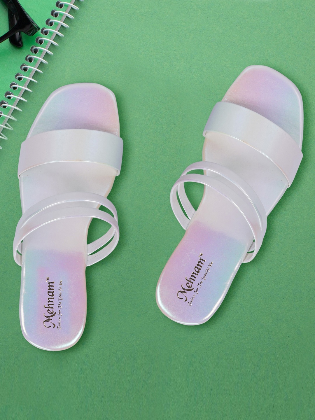 

MEHNAM Two Strap Open Toe Flats, White