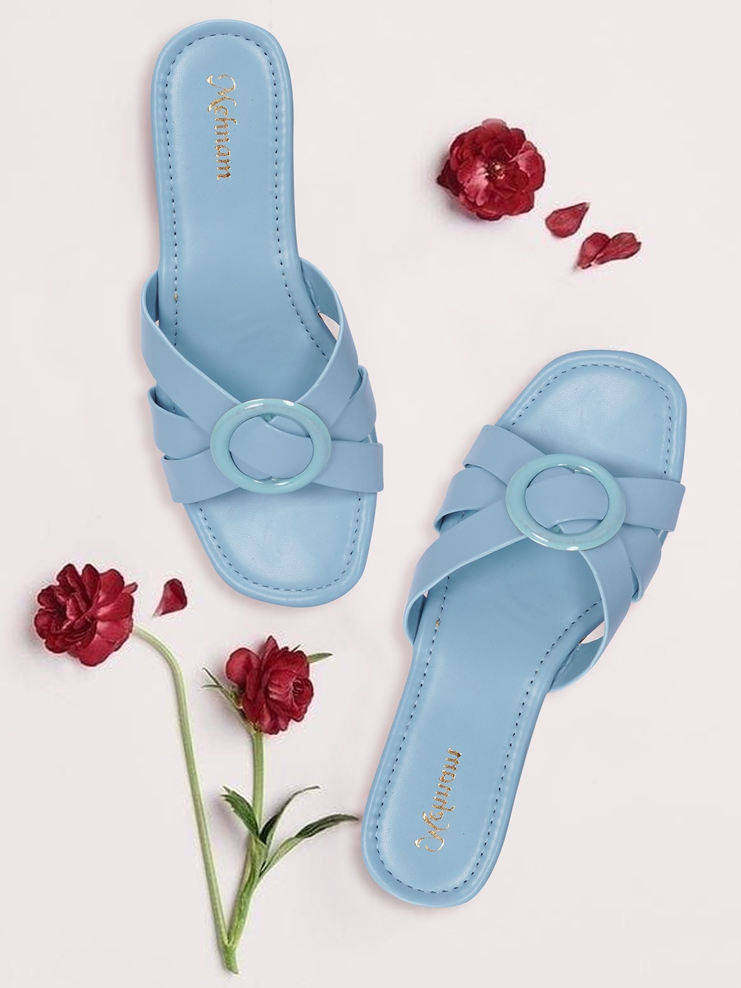 

MEHNAM Embellished Cross Strap Open Toe Flats, Blue