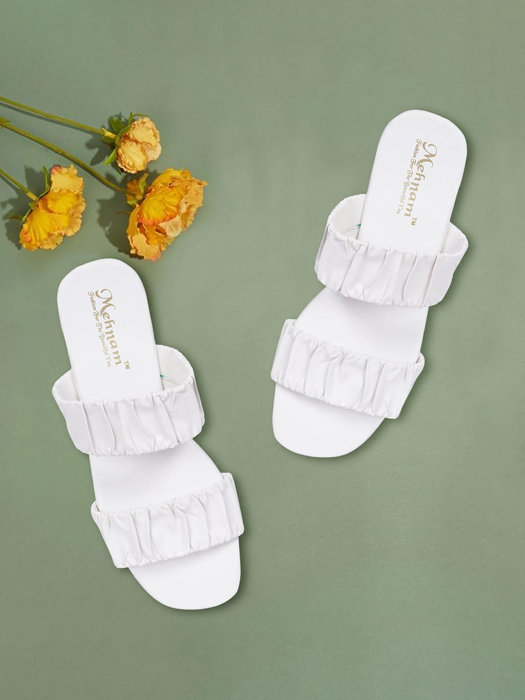 

MEHNAM Ruched Two Strap Open Toe Flats, White