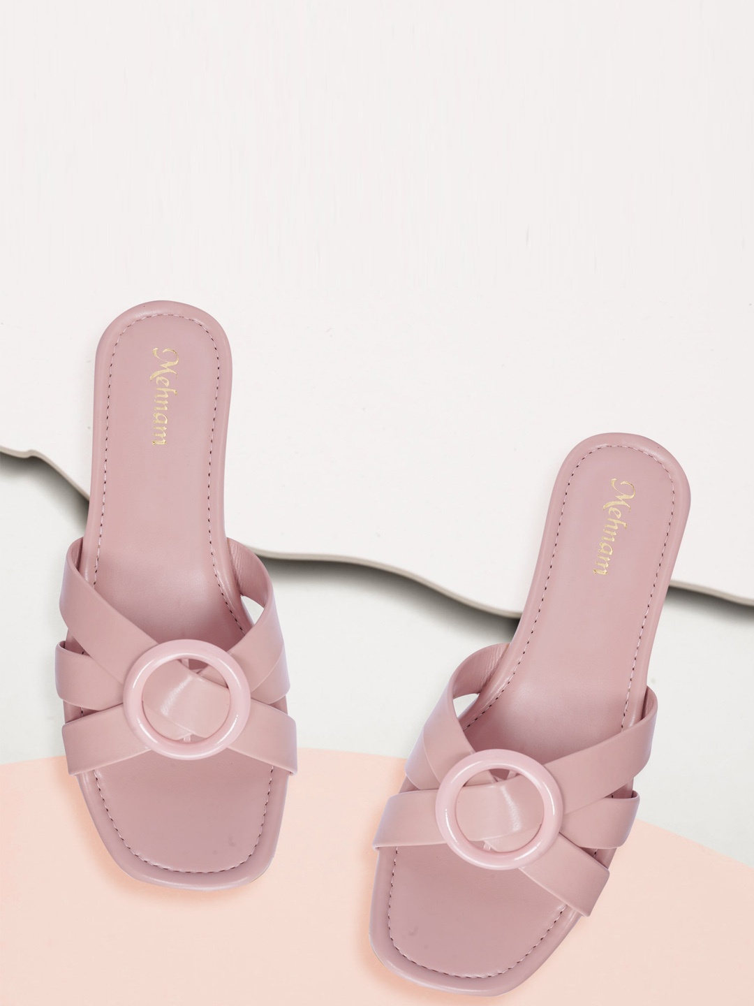 

MEHNAM Embellished Cross Strap Open Toe Flats, Pink