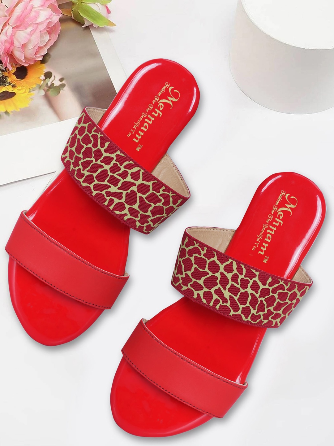 

MEHNAM Printed Two Strap Open Toe Flats, Red