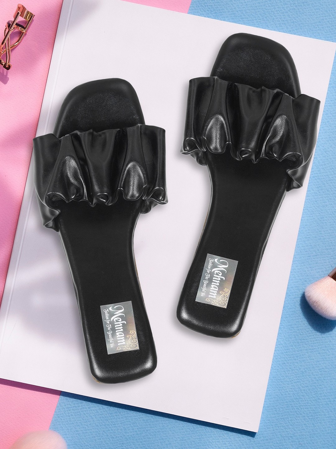 

MEHNAM Ruched Strap Open Toe Flats, Black