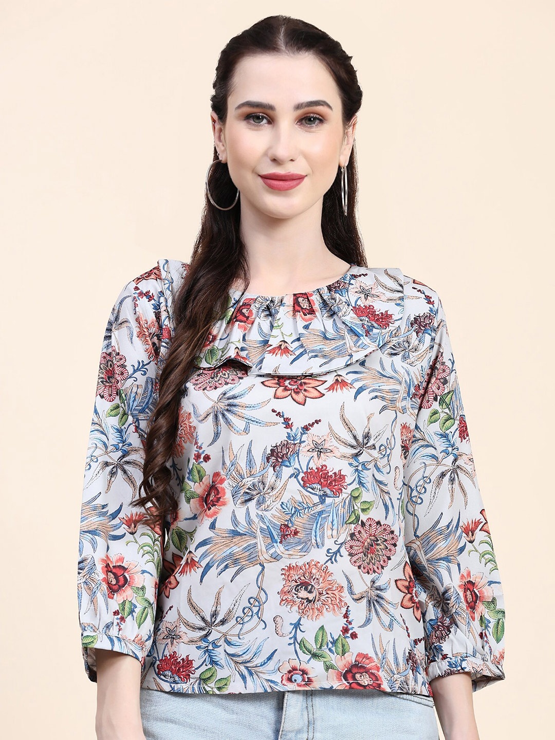 

JACKDANZA Floral Printed Cuffed Sleeves Pleated Detail Regular Top, Grey
