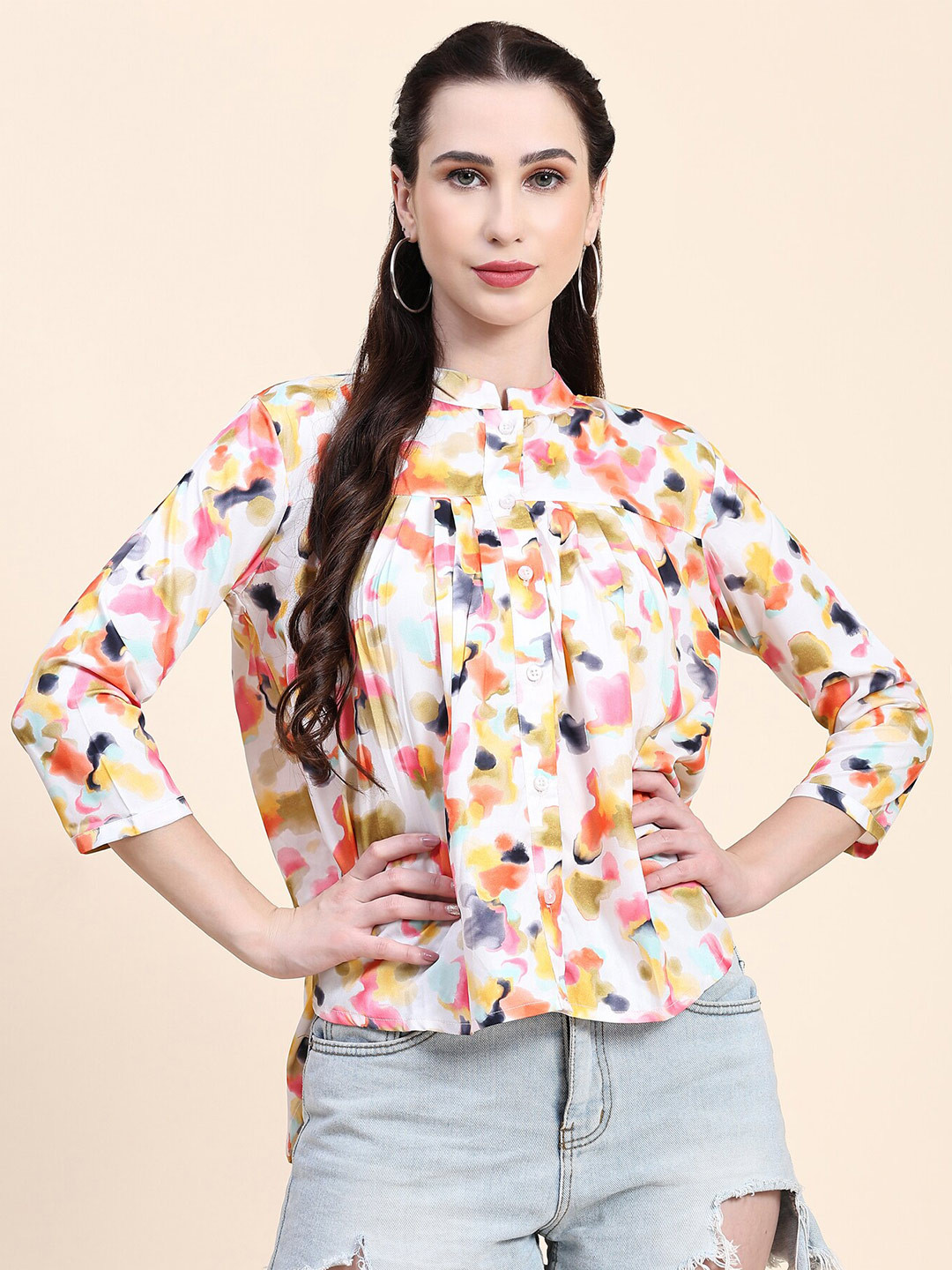 

JACKDANZA Abstract Printed Mandarin Collar Pleated Shirt Style Top, Beige